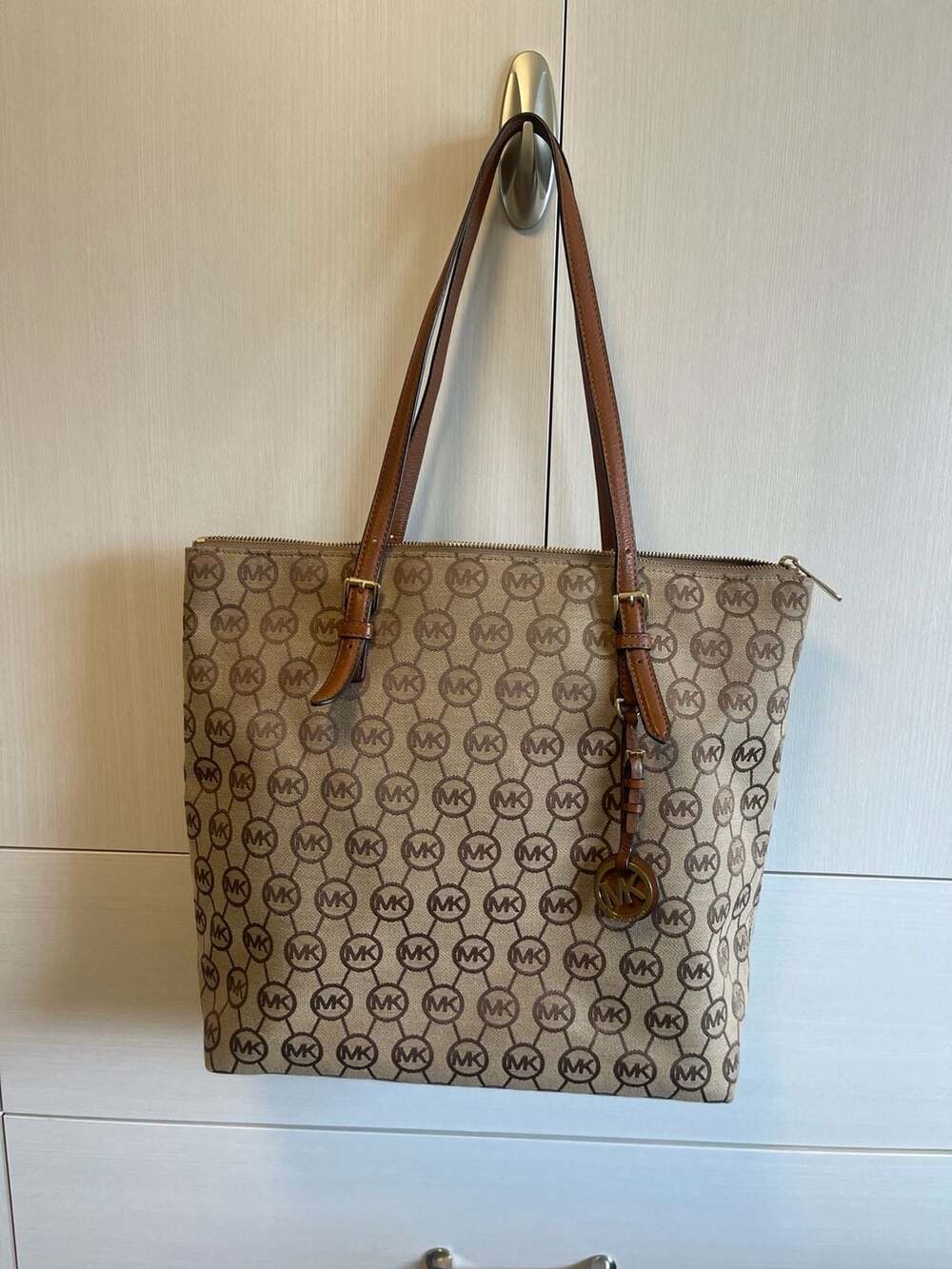 Michael Kors Signature Logo Monogram Tote Bag Brown